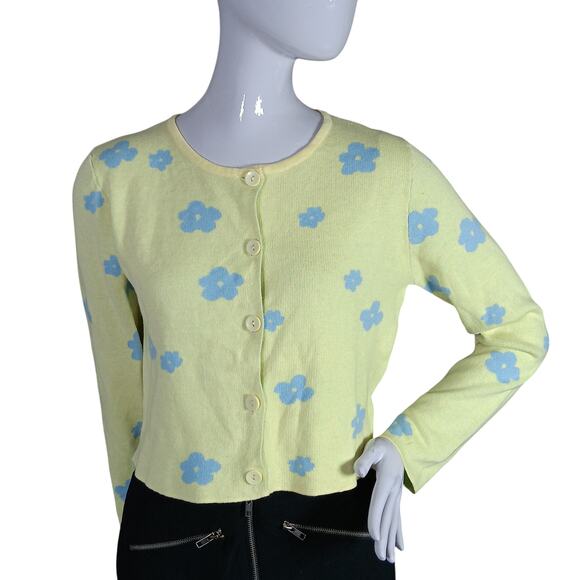 Le Lis Ester Perfect Sweater Top Size Small Button Down Yellow and Blue Floral - Picture 1 of 9